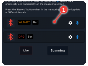 App screenshot showing connection to Bluetooth sensors.